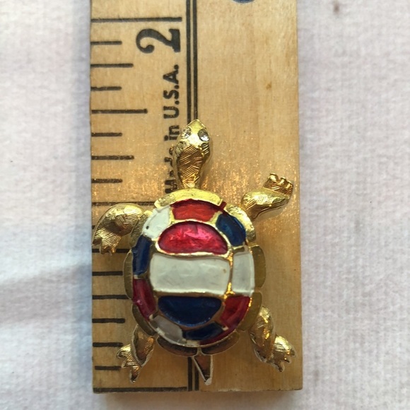 Patriotic Turtle Brooch Pin Gold tone Red White Blue Enamel Accents Crystal Eyes - Picture 9 of 10